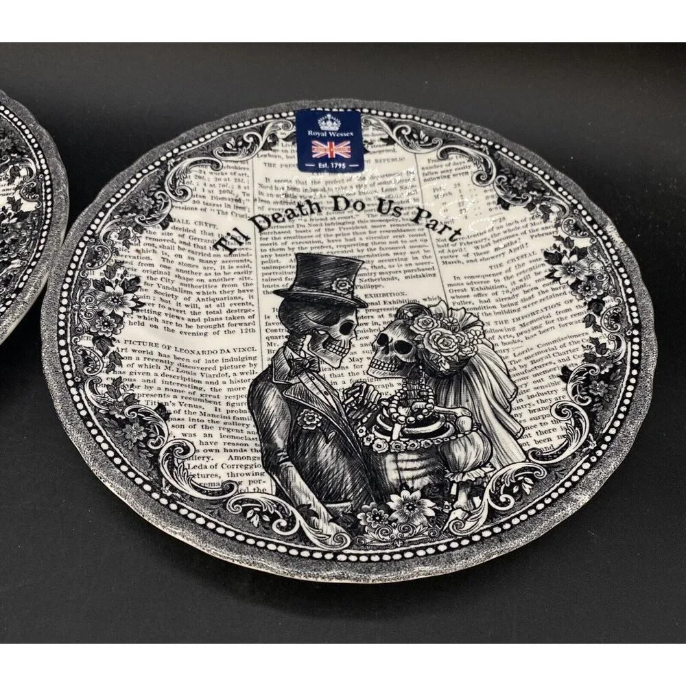 2 X Royal Wessex Halloween Skeleton Goth Wedding 8” Plate Til Death Do Us Part